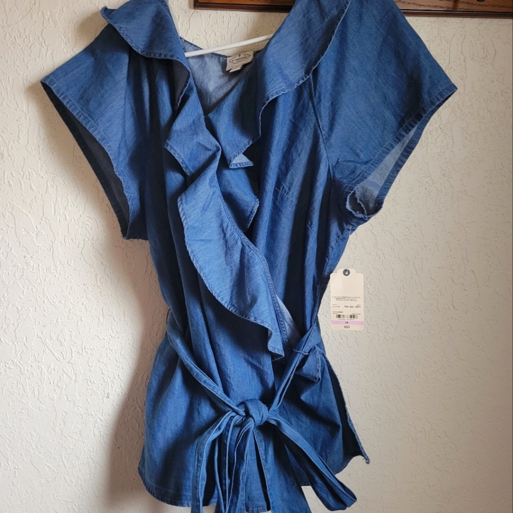 St John's Bay Chambray ruffle wrap shirt